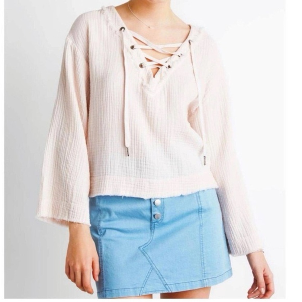 Anthropologie Cloth & Stone Blush Pink Gauze Peasant Top Lace Up Frayed Size S